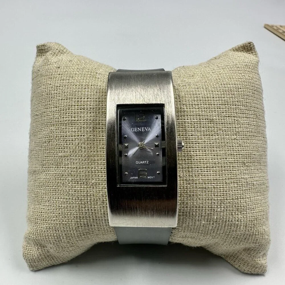 3/$30 Geneva Watch Women Silver Tone Long Rectangle Case Purple Dial  9